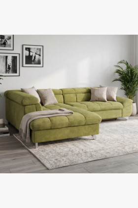 Bal oldali sarok ülőgarnitúra ágyfunkcióval, tömör fa, fenyő váz